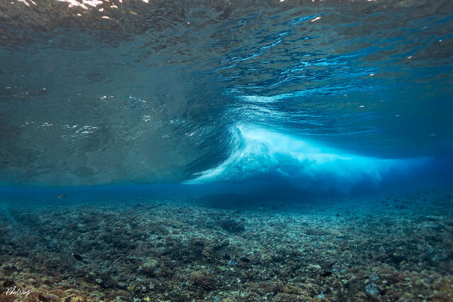 Underwater view of a breaking ocean wave rolling over a coral reef in Tahiti.