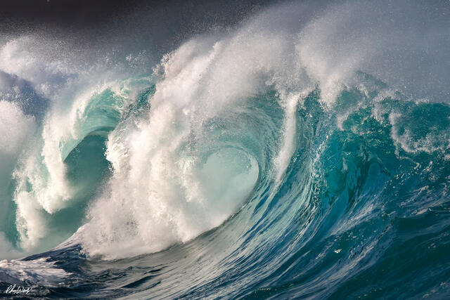 Massive breaking wave with turquoise water and white spray at Waimea Bay on Oahu.