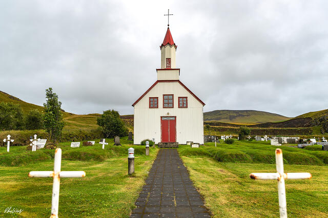 Historic Icelandic church and grave crosses near Haifoss Iceland.