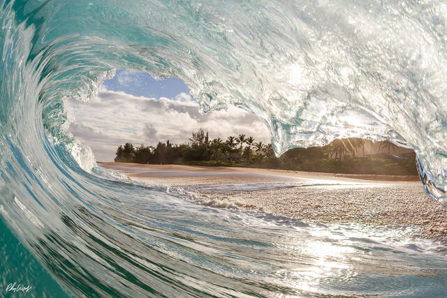 Sunrise wave barrel curling toward shore on the North Shore of Oahu Hawaii.
