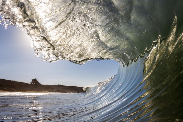 Ocean wave curling into a barrel with sunlight reflecting on the water near Malibu, California.
