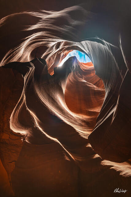 Flowing sandstone walls and light inside Antelope Canyon in Arizona.
