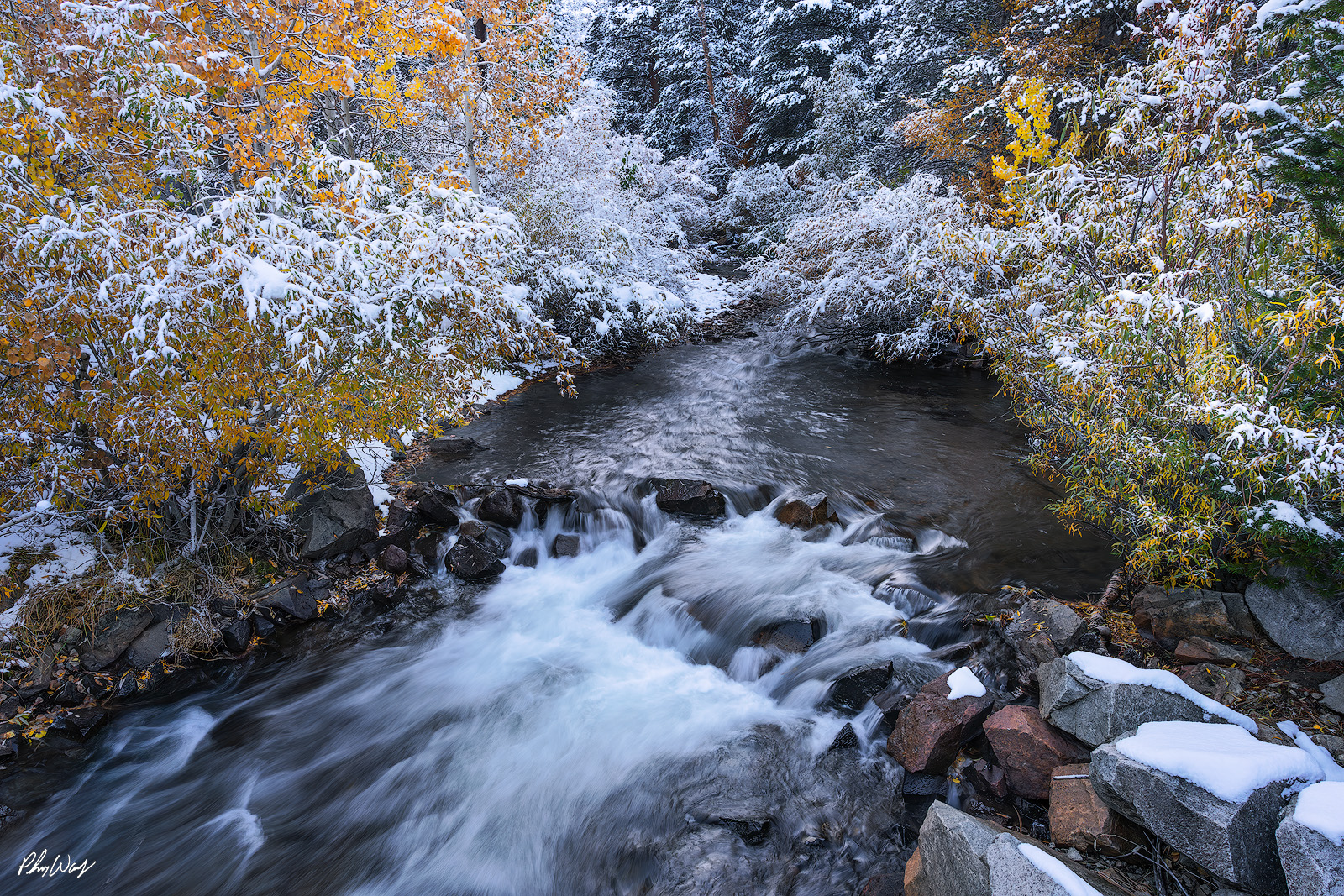 Calming Snow River Snow covered river flowing through autumn trees in Bishop Creek Canyon, Eastern Sierra Nevada, California.
