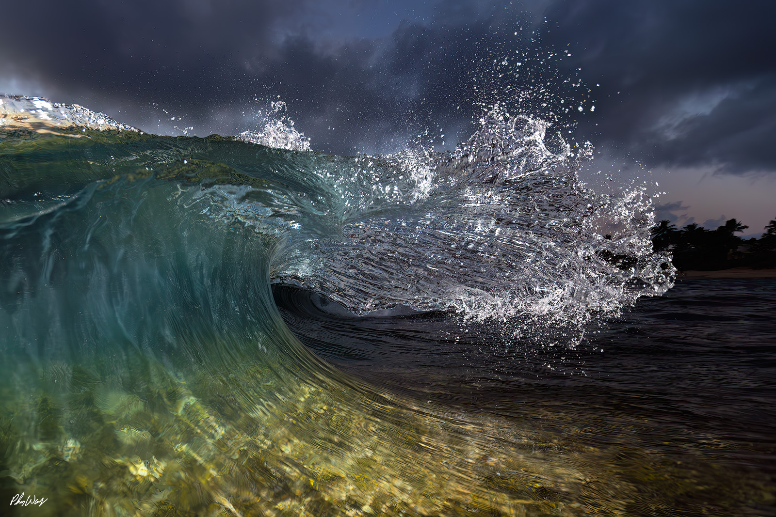 North Shore Night Wave Powerful ocean wave curling at night on the North Shore of Oahu with dramatic lighting.