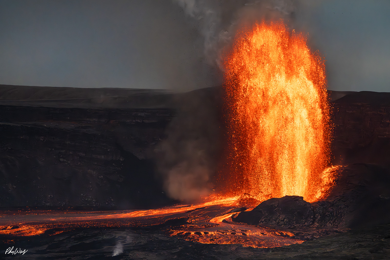 Kilauea Lava Blast Explosive lava fountain erupting from Kilauea volcano with glowing lava flowing across dark terrain in Hawaii.