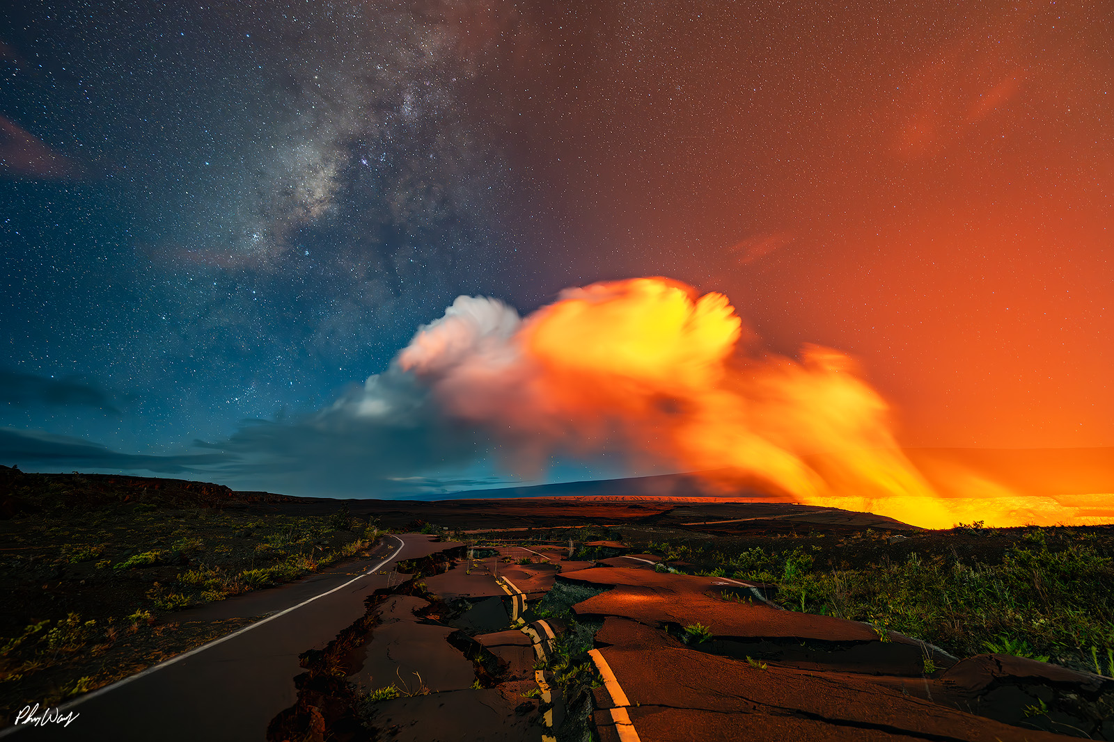 Devastation Big Island Cracked road leading into glowing volcanic eruption beneath the Milky Way at Kilauea.