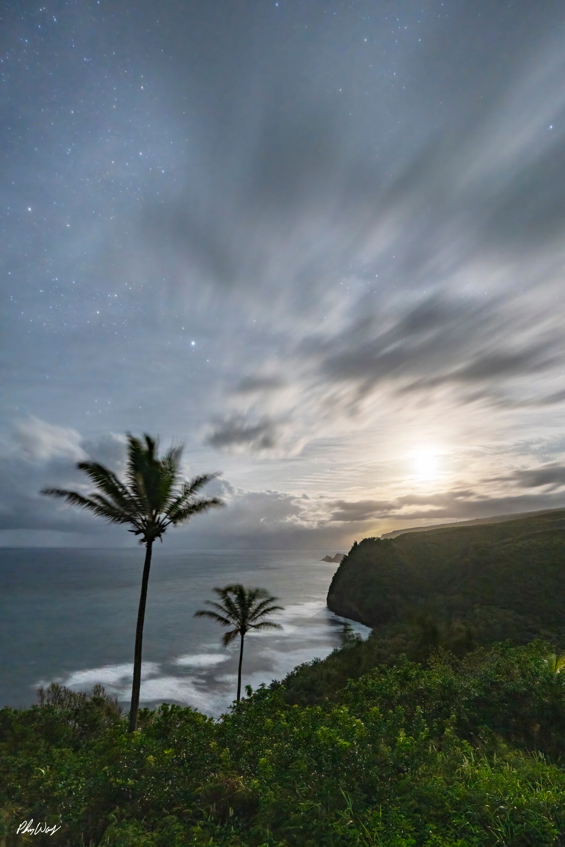 Pololu Night Moon Moonlit coastal cliffs with palm trees overlooking the Pacific Ocean at Pololu Valley in North Kohala, Big Island of Hawaii.