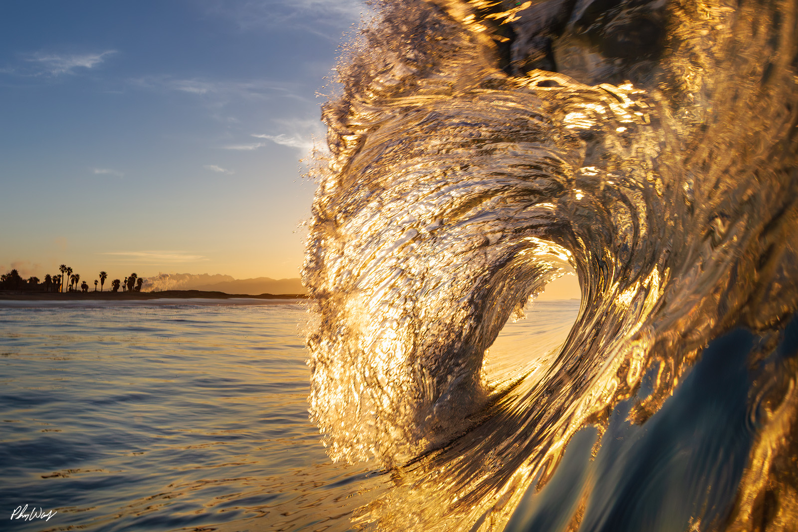 Golden Wave Shoulder Golden sunrise light illuminating the shoulder of a curling ocean wave in Oxnard, California.