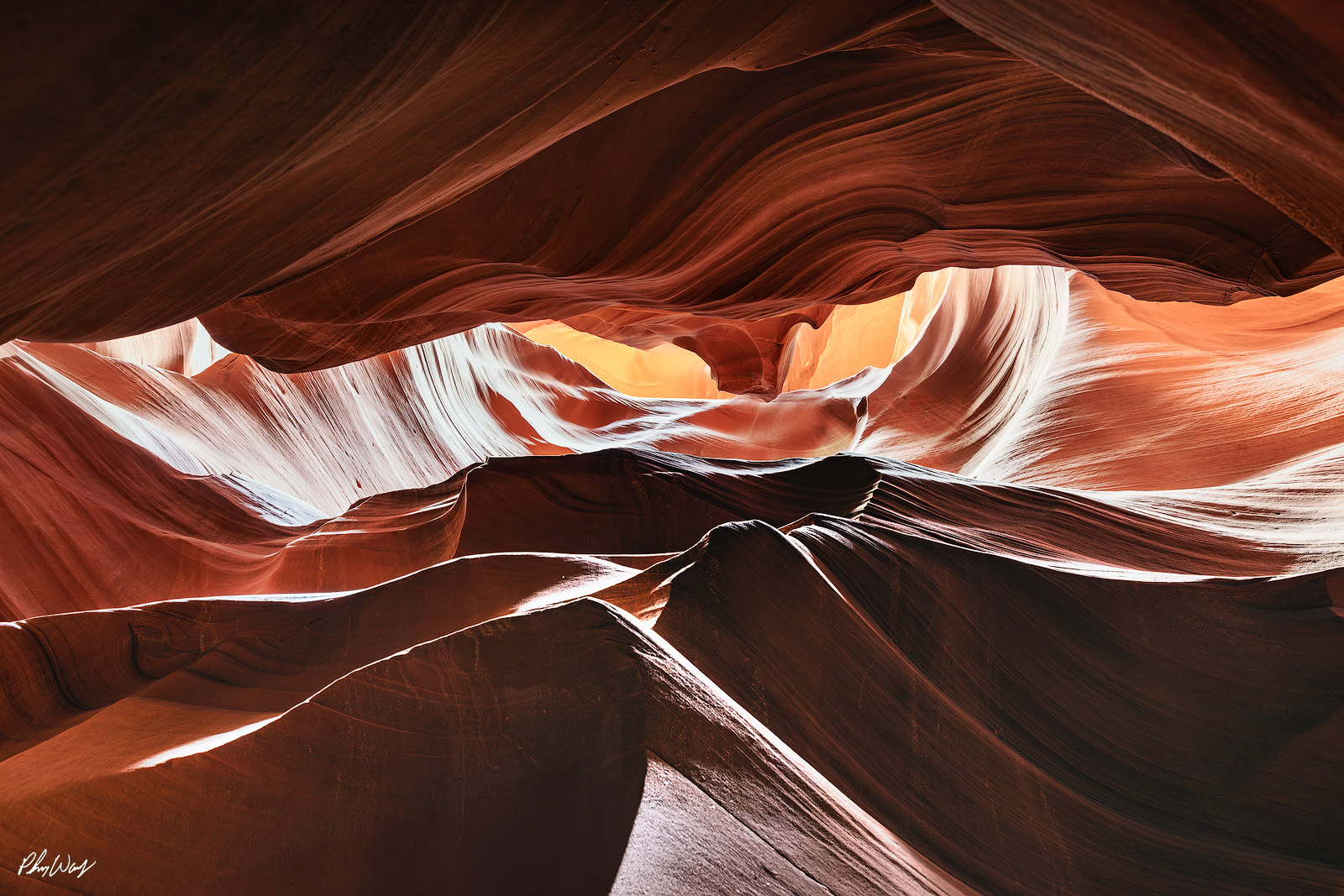 Slot Cathedral Flowing sandstone walls inside Antelope Canyon Arizona with sculpted light and shadow.