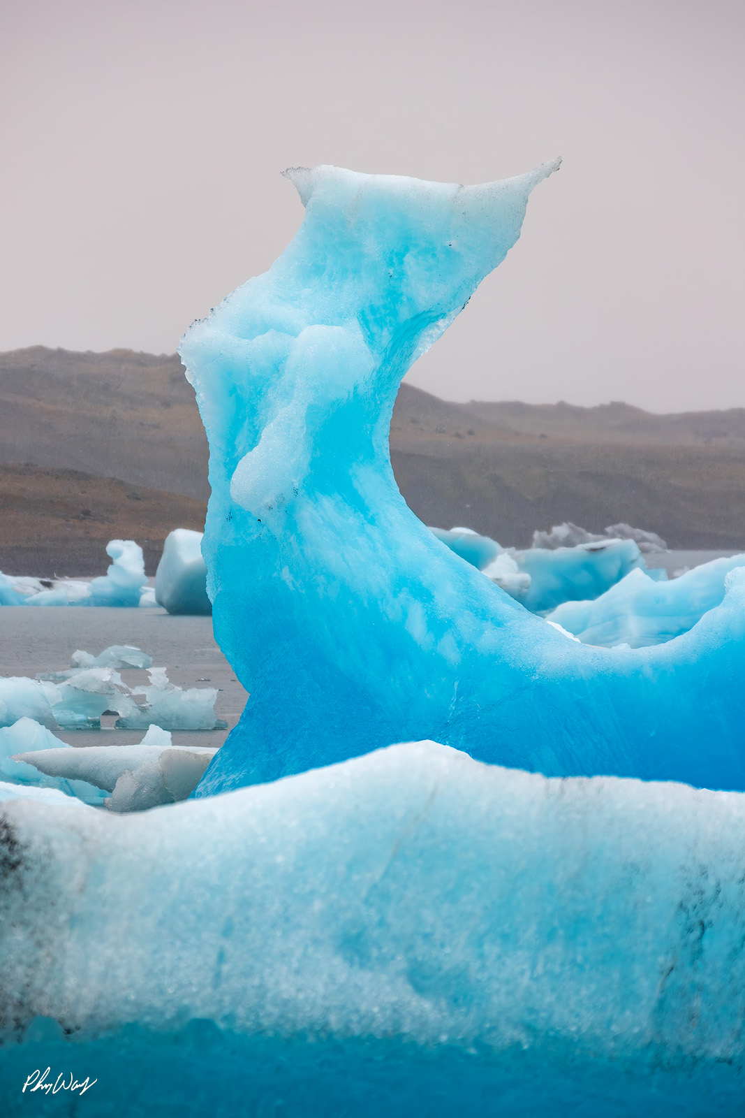 Curvy Ice Blue sculpted iceberg floating in Jökulsárlón Glacier Lagoon Iceland.