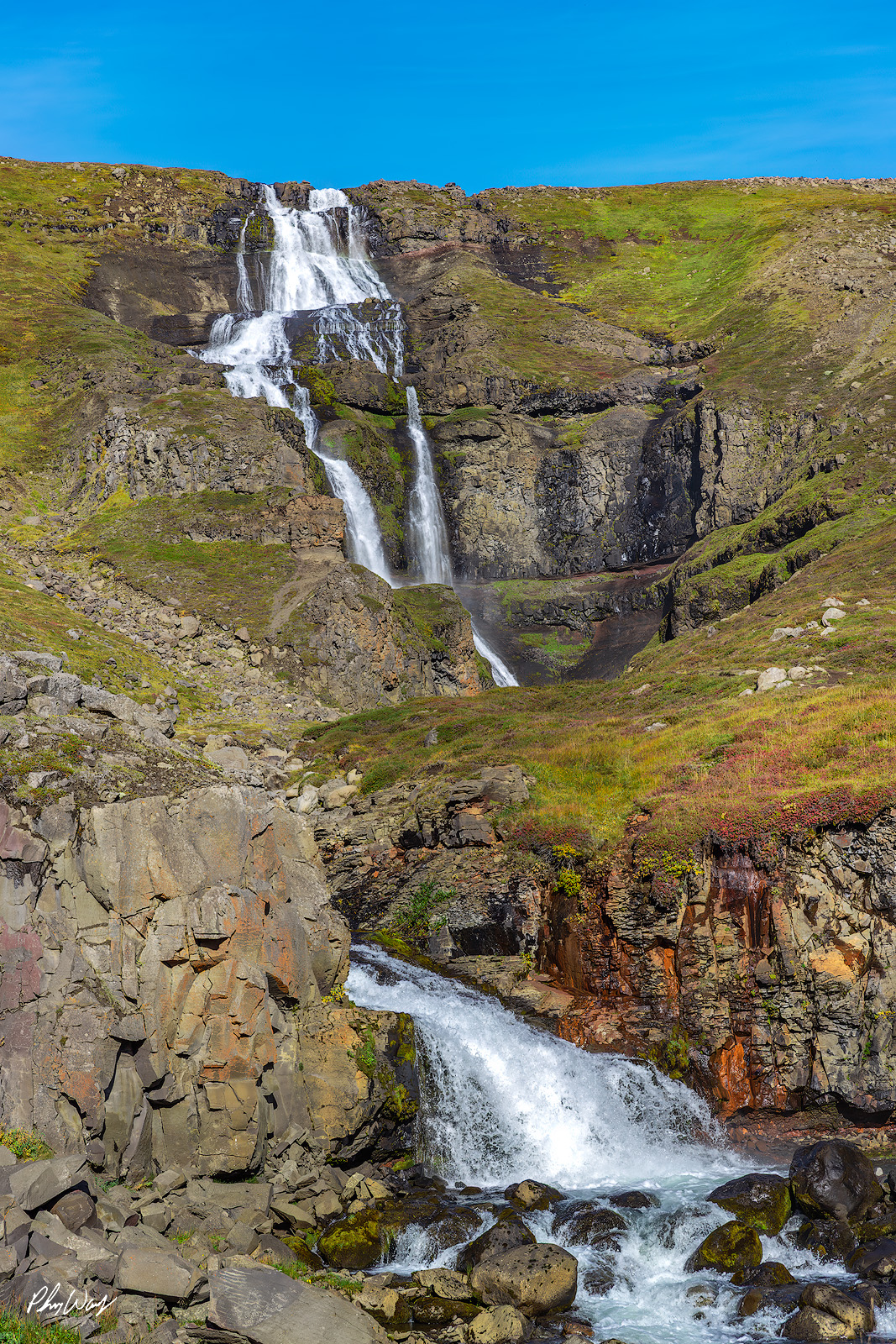 Follow the River Multi tiered waterfall flowing through rocky cliffs at Gufufoss Iceland.