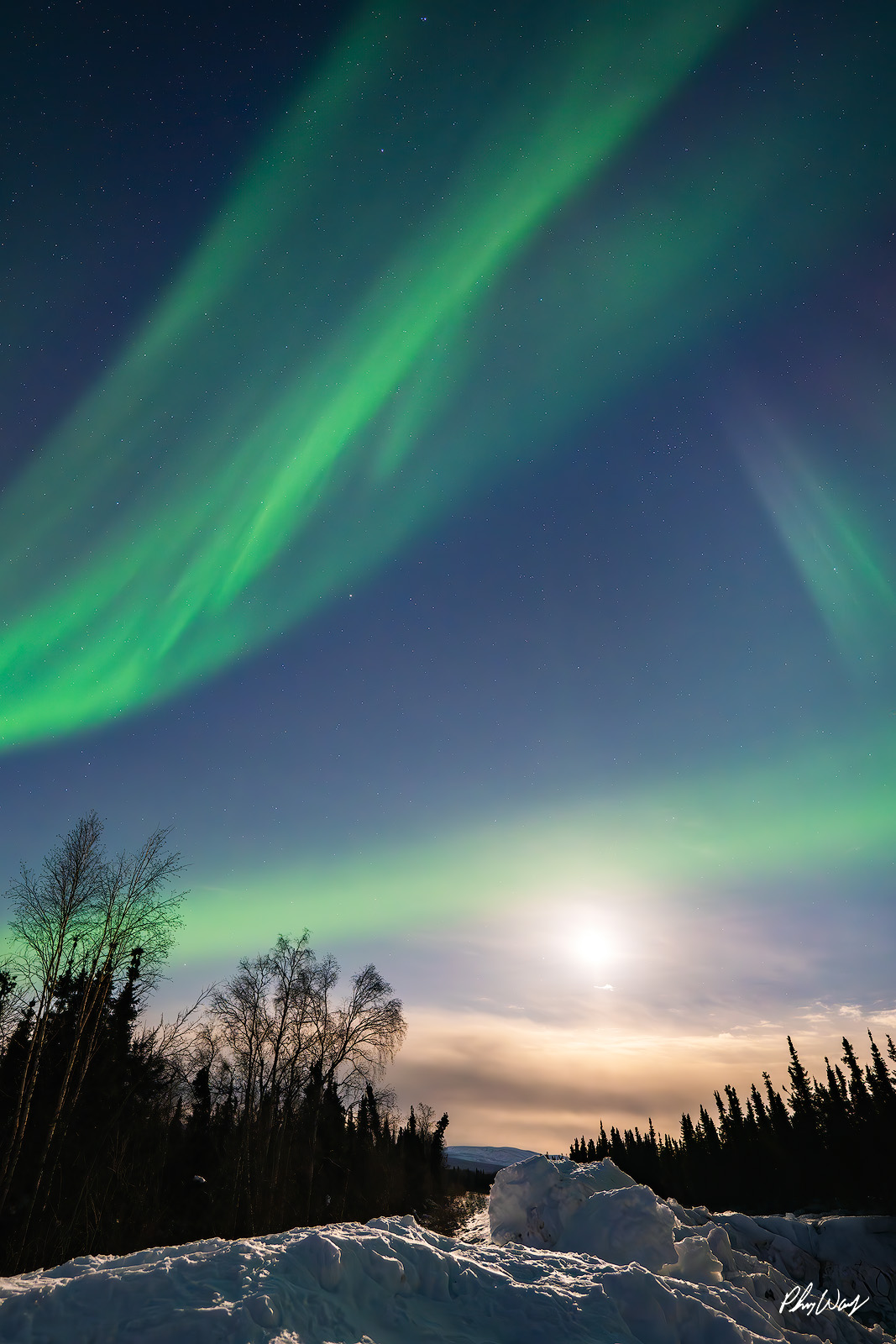 Full Moon Auroa Green northern lights sweeping across a star filled sky above a snow covered landscape with a full moon in the Brooks Range Arctic Circle Alaska.