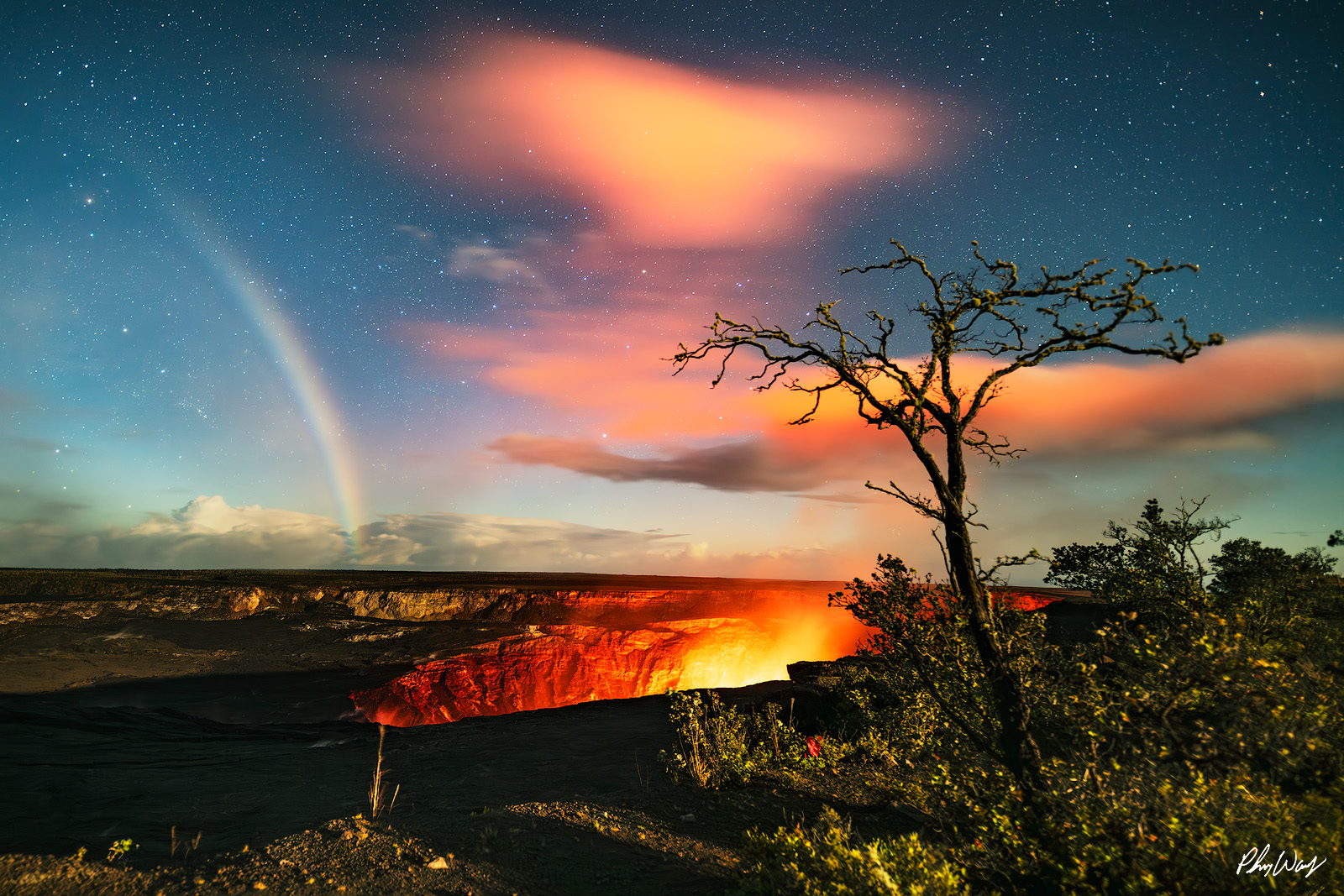 Sunrise Lava and Moonbow Glowing lava at sunrise with a moonbow and silhouetted tree in Volcanoes National Park Hawaii.